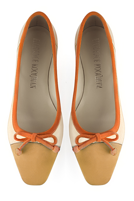 Mustard yellow, gold and apricot orange women's ballet pumps, with low heels. Square toe. Flat flare heels. Top view - Florence KOOIJMAN